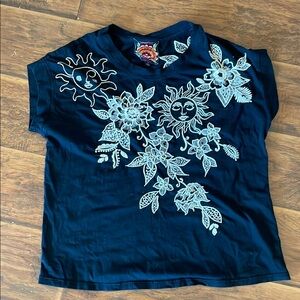 Johnny Was Black and White Short Sleeve Tee with Floral Design
